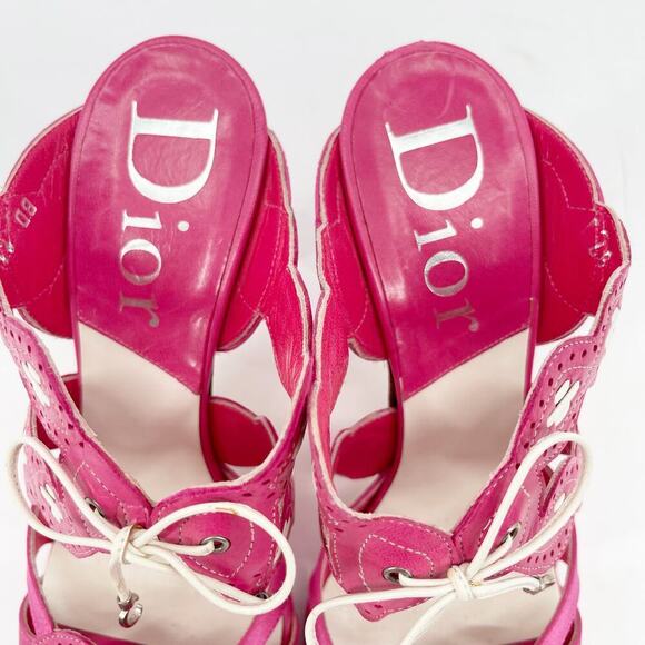 Dior Fuchsia Pink Leather Satin CD Bow Detail Block Heel Mule Slide Sandal EU 37 - Picture 9 of 14